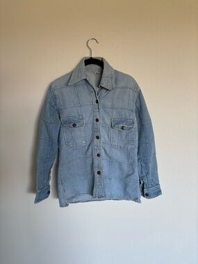 70s Style Light Wash Patchwork Denim Button-Down Shirt/Jacket